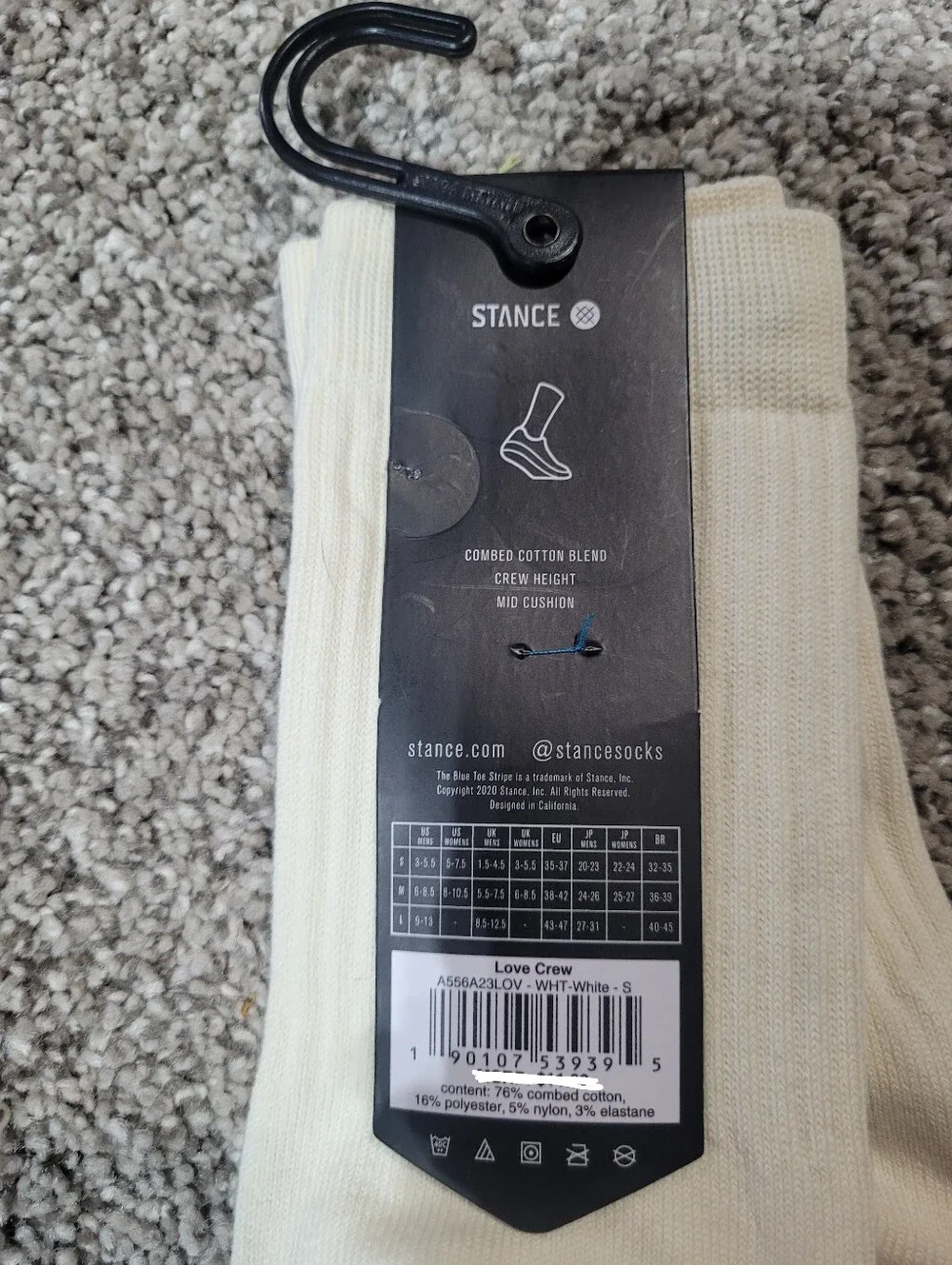 Stance Small Casual Crew Socks Love Crew Off White Womens 5-7.5 Mens 3-5.5 Youth
